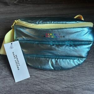 Marc Jacobs Metallic Blue Puffer Fanny Pack Bag, Rainbow Lettering, Waist Belt